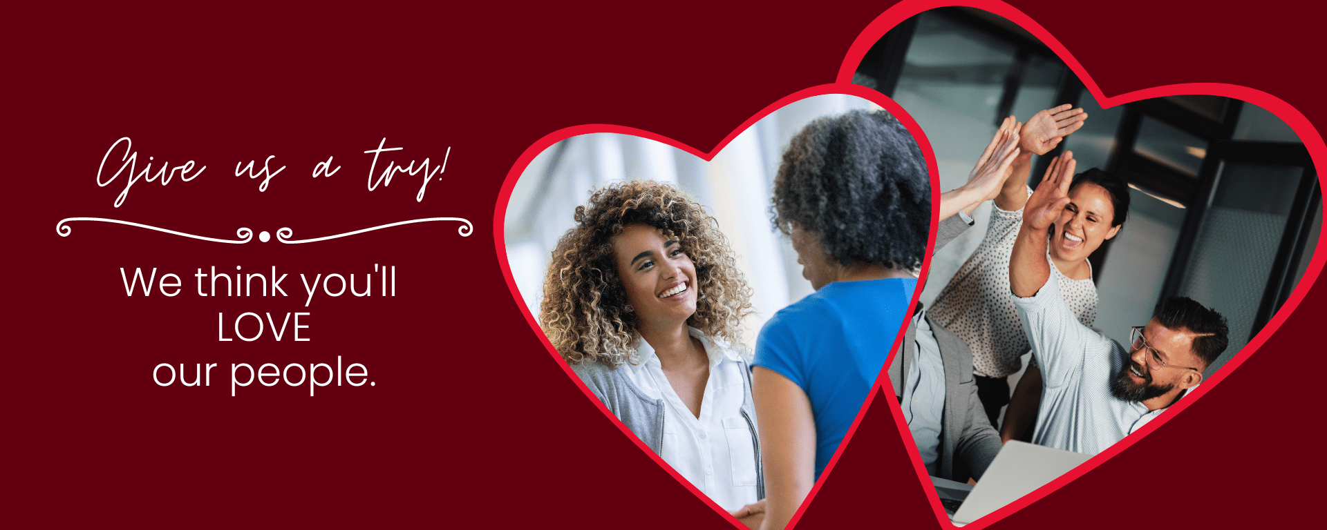 Happy coworkers in heart shapes.
