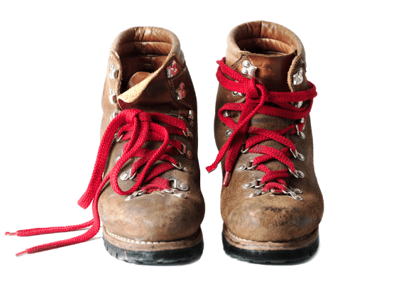 Pair of brown hiking boots with red laces.